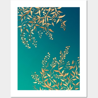 Golden Floral Ornaments on Teal Posters and Art